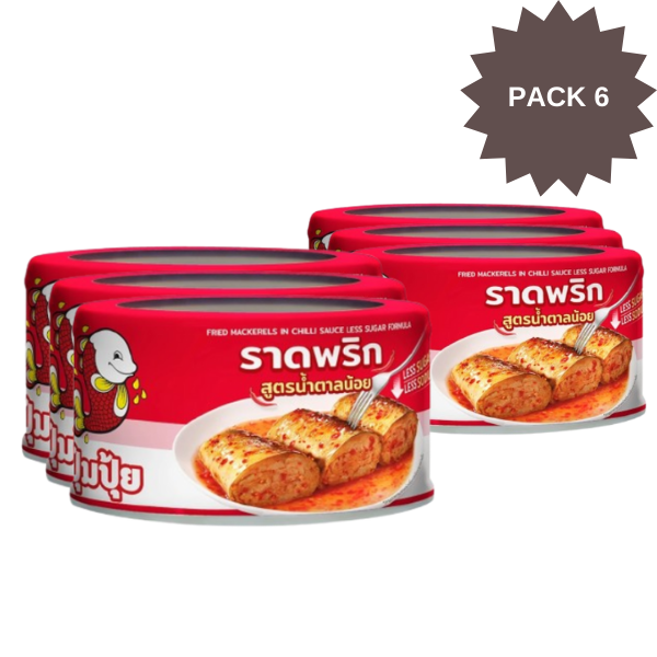 ปลาแมคเคอเรลทอดราดพริก สูตรน้ำตาลน้อย 185g แพ็ค6