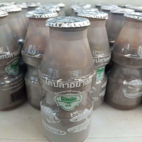 Bottle of ไตปลาทู Thai mackerel kidney sauce, 200ml, pack of 6 bottles with white caps