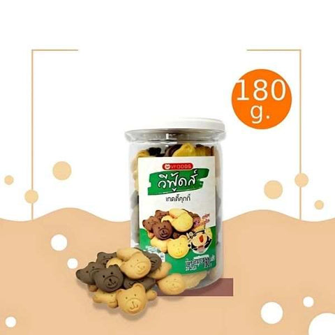 VFoods teddy bear shaped crispy cookies in 180g clear jar with assorted flavors