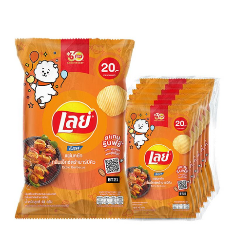 Lay's Extra Barbecue flavored thick-cut wavy potato chips pack of 6, 48g each, authentic crispy potatoes with rich BBQ seasoning and spices.