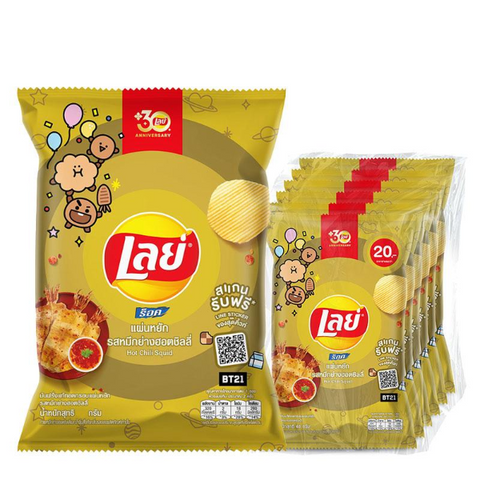 Crispy thick ridged potato chips with hot chili squid flavor, pack of six bags